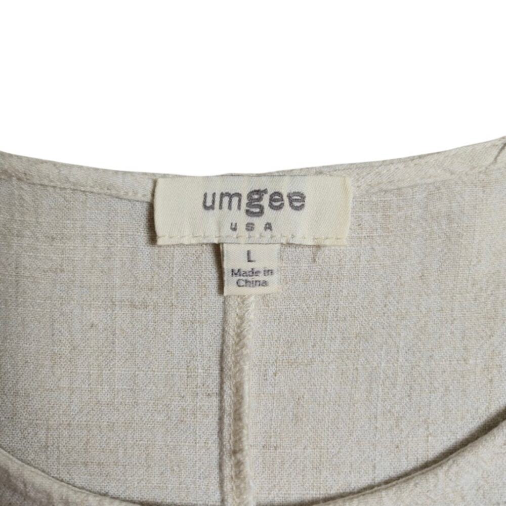 Umgee Womens Linen Blend Tunic Top Large Tan Ruffle Fringe Animal Print Boho - Picture 3 of 10